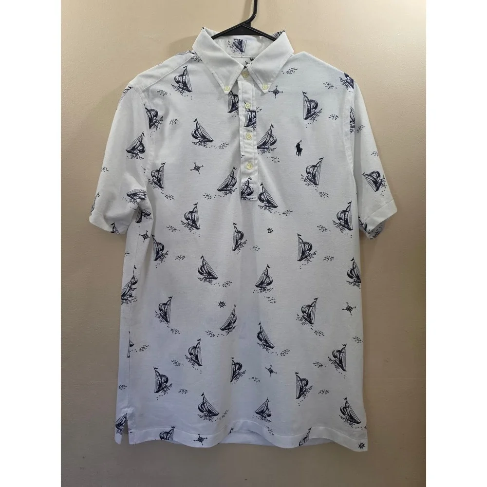 Ralph Lauren Mens Knit Oxford Polo Shirt White Nautical Sailboat Print Medium